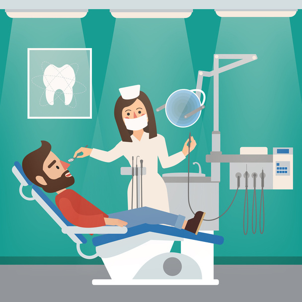 歯科医師、患者さん、歯科用ツール椅子とキャビネット インテリア - ベクター画像