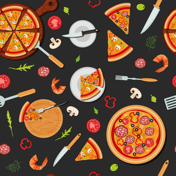 Pizza Seamless Pattern with Ingredients - Vector, Image