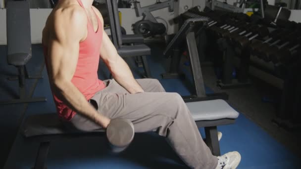 Mains avec haltères de l'homme faisant de l'exercice dans la salle de gym
 - Séquence, vidéo