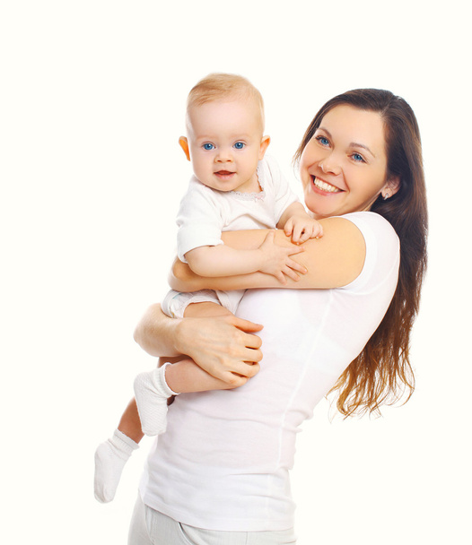 Happy smiling mother with baby on a white background - Valokuva, kuva