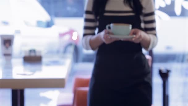 eine Kellnerin aus nächster Nähe bringt Kaffee - Filmmaterial, Video