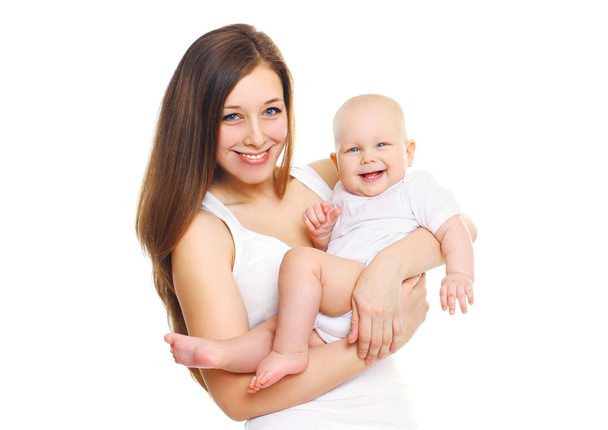 Happy smiling mother playing with baby on white background - Valokuva, kuva