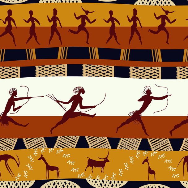 Seamless african texture with figures of primitive people and an - Vector, Image