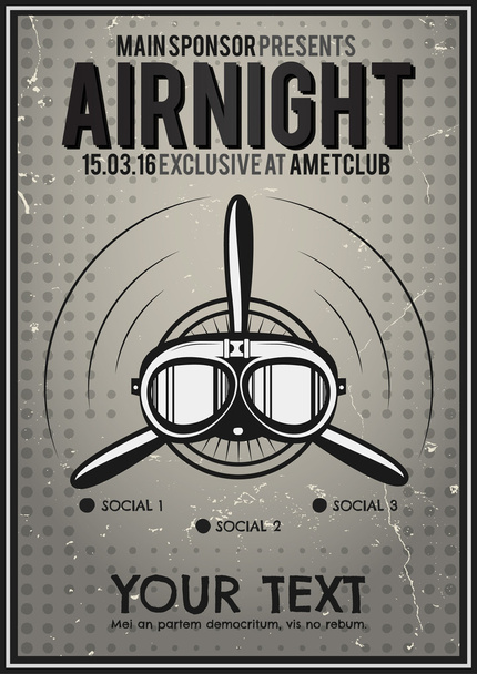 Party Leaflet, airplane brochure, cover, club night page layout template. Halftone dotted design, retro minimalistic digital style. Propeller and pilot character design. Dj, music vector flyer - Vector, Image