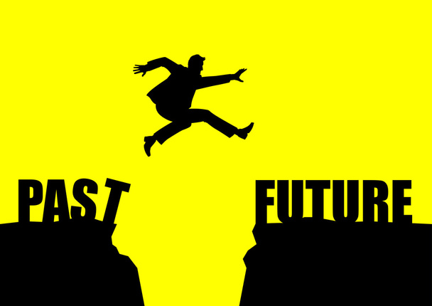 Силуэт иллюстрации человека прыгает из прошлого в будущее
 - Вектор,изображение