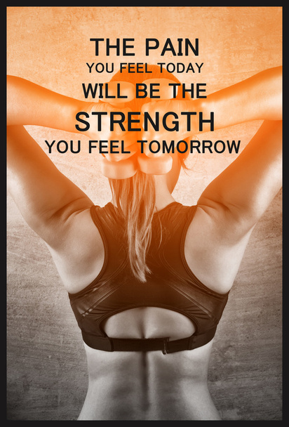 The pain you feel today will be the strength you feel tomorrow. Inspiration quote. Fit woman exercising with weights on the background of a concrete wall in the gym. Healthy lifestyle concept. - Zdjęcie, obraz