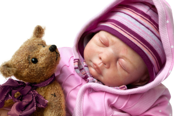 Petite fille dort avec ours en peluche
 - Photo, image