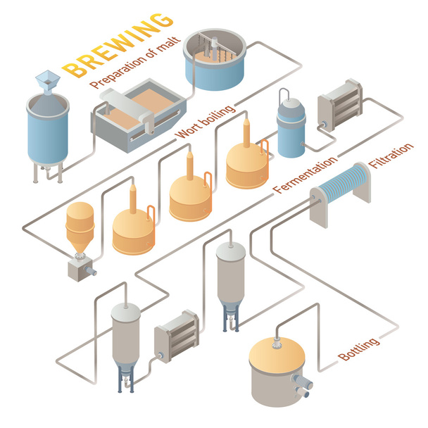Isometric beer brewing process. Vector infographic - Vector, imagen