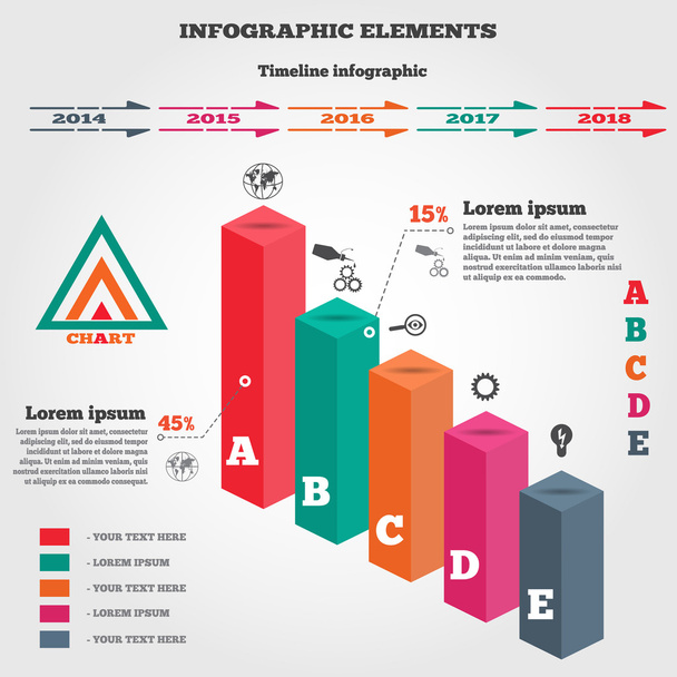 Infographics set. Rectangle columns. Prismatic solid. Perspective view. Timeline diagram, logo, icons with shadow. Five option banner. Vector - Vektor, Bild