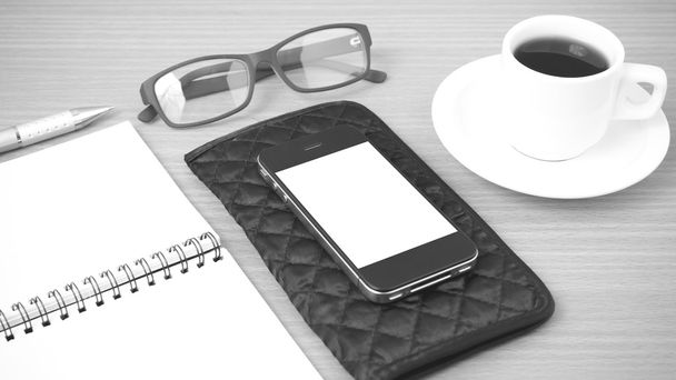 coffee,phone,eyeglasses,notepad and wallet - Foto, afbeelding
