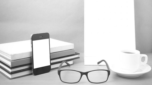 coffee,phone,eyeglasses,stack of book and calendar - Fotoğraf, Görsel