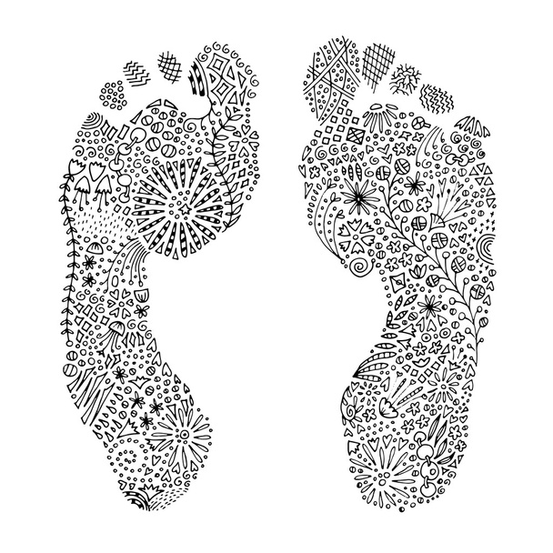 Huellas humanas de pies descalzos izquierda y derecha. Complicado diseño de revestimiento de pigmento negro zentangle dibujado a mano. Página para colorear para adultos para imprimir. Vector EPS 10
 - Vector, Imagen