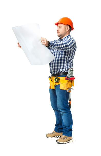 Portrait of construction builder isolated on white. - 写真・画像