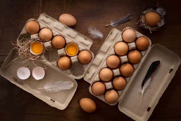 chicken eggs flat lay still life rustic with food stylish - Foto, Imagem