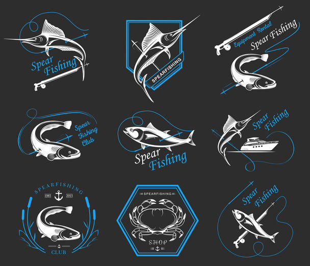 Velký soubor loga, odznaky a ikony Spearfishing - Vektor, obrázek