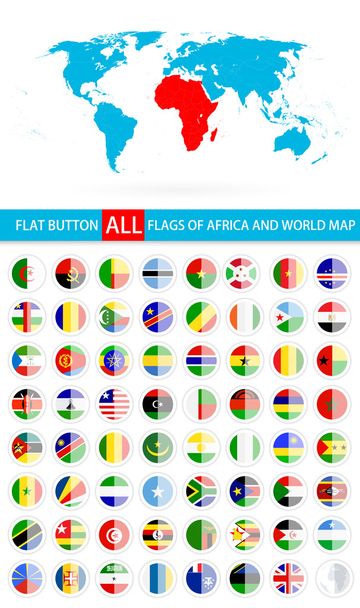 Στρογγυλό κουμπί επίπεδη σημαίες της Αφρικής πλήρη σετ και παγκόσμιο χάρτη - Διάνυσμα, εικόνα