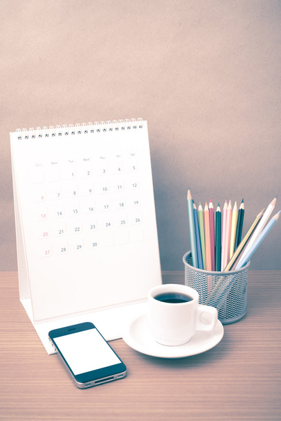 coffee,phone,calendar and color pencil - Zdjęcie, obraz