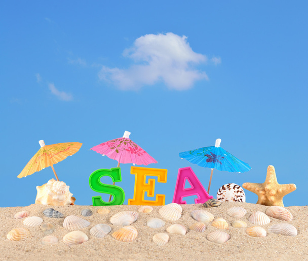 Meer Buchstaben auf einem Strand Sand - Foto, Bild