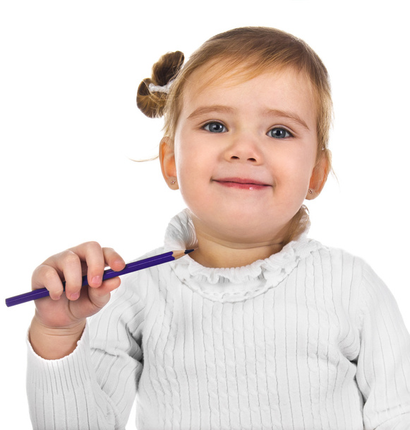 Portrait of smiling little girl with a pencil - Photo, Image