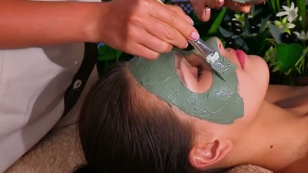 Woman with clay facial mask in beauty spa. - Footage, Video