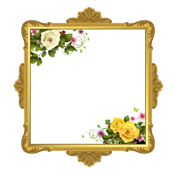Golden frame with roses on white background - Vektor, obrázek