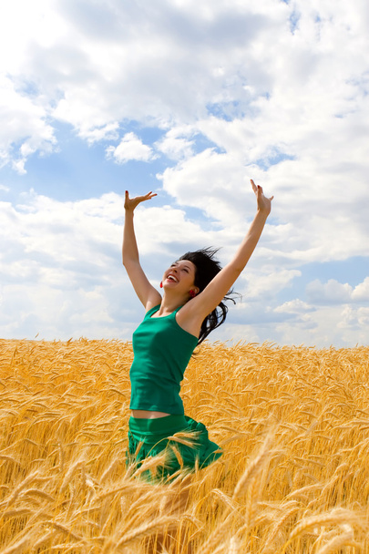 Красивая женщина в золотой пшенице
 - Фото, изображение
