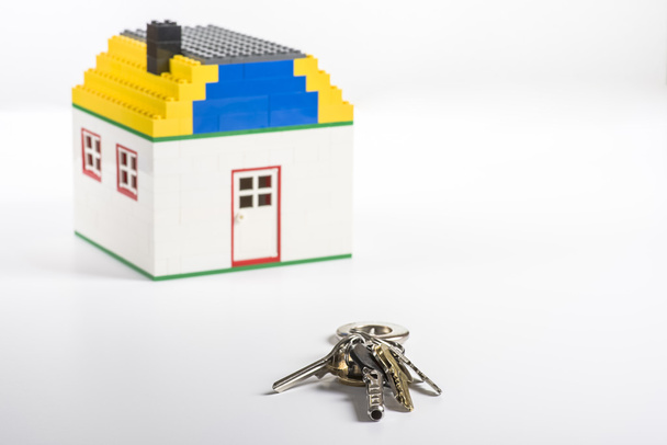 keys and a house of bricks in the background - Photo, Image