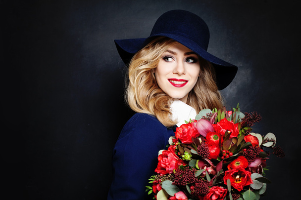 Happy Lady Fashion Model with Flowers - Photo, Image