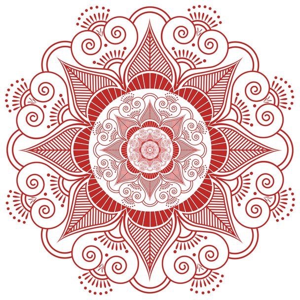 Aziatische cultuur geïnspireerd bruiloft make-up mandala henna tattoo decoratie bloem vorm gemaakt van bladeren, hart in rood en wit symboliseert geluk, liefde en geestelijk leven, zen, innerlijke vrede - Vector, afbeelding