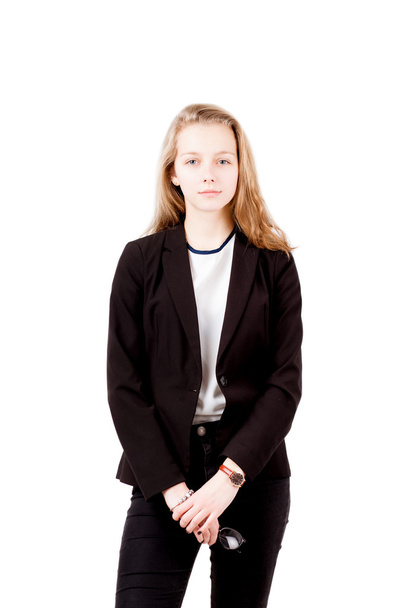 Young student girl in black suit isolated - Фото, изображение