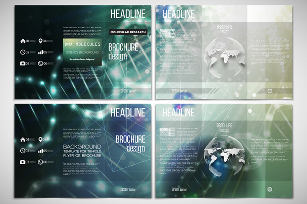 Vector set of tri-fold brochure design template on both sides with world globe element. DNA molecule structure, green background. - Vecteur, image