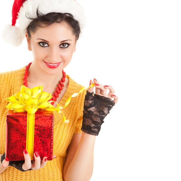 Fun santa woman with christmas gift - Foto, Imagem