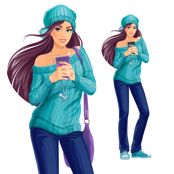 Joyeux jeune femme avec smartphone sur ses mains faisant selfie
 - Vecteur, image
