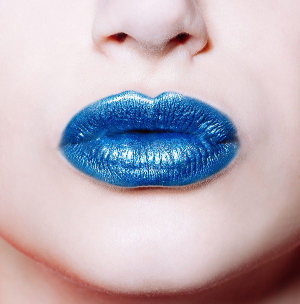 Woman lips with glossy blue lipstick - Zdjęcie, obraz