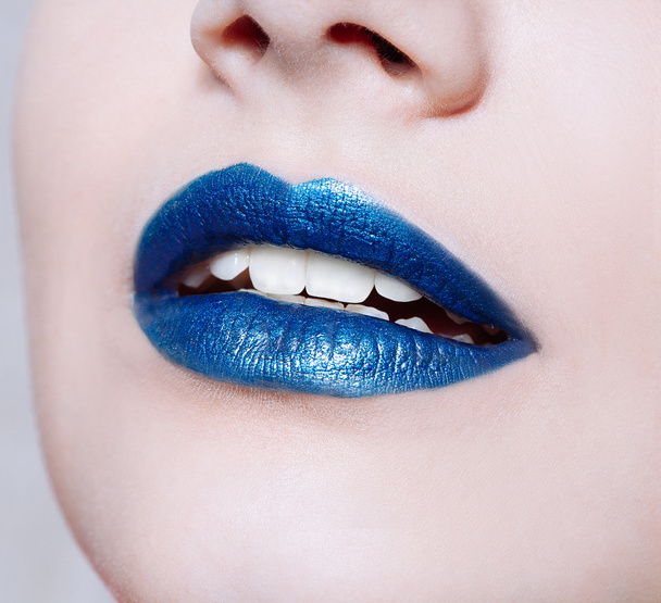 Woman lips with glossy blue lipstick - Zdjęcie, obraz