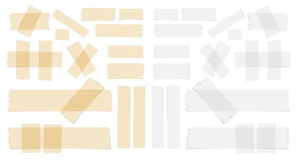 Símbolos y diferentes tamaños pegajosos, piezas de cinta adhesiva sobre fondo blanco
 - Vector, Imagen