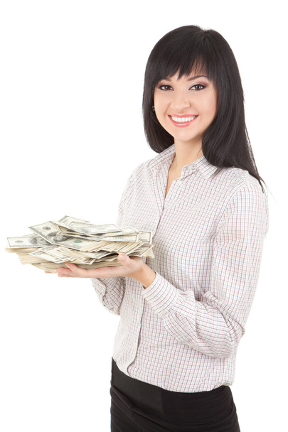 Young business woman with pile of money - Foto, imagen