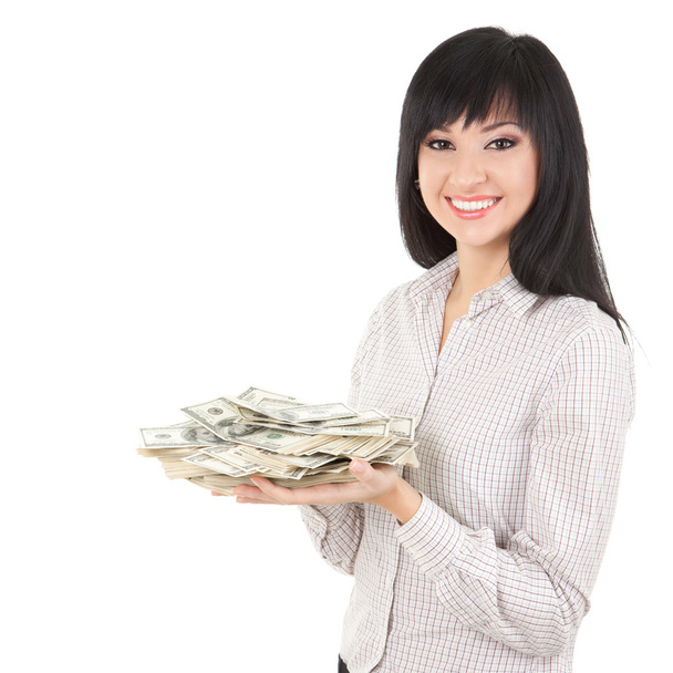 Young business woman with pile of money - Fotoğraf, Görsel