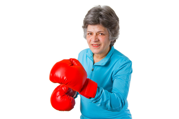 Female senior with boxing gloves - Фото, изображение