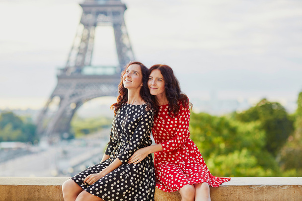 Beautiful twin sisters in front of the Eiffel tower - Zdjęcie, obraz