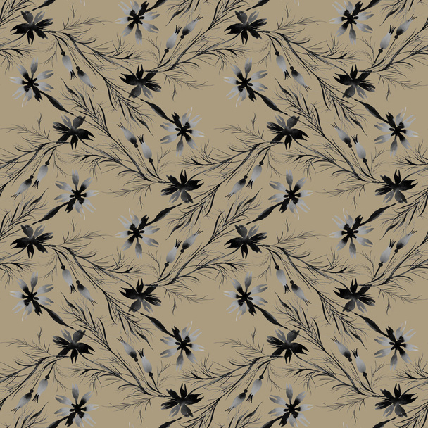 monochrome cornflowers and herbs pattern - Фото, зображення
