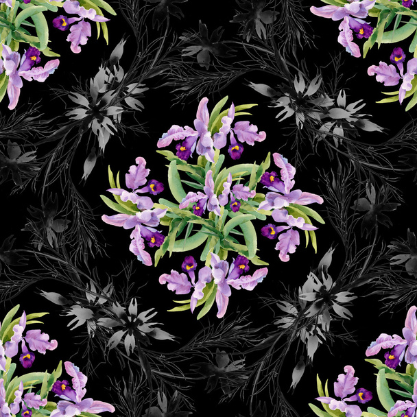 monochrome cornflowers and orchids pattern - Foto, Bild
