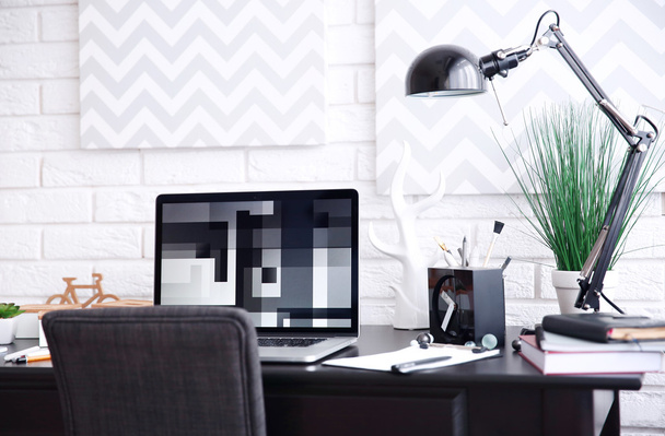 Workplace with laptop on table  - Valokuva, kuva
