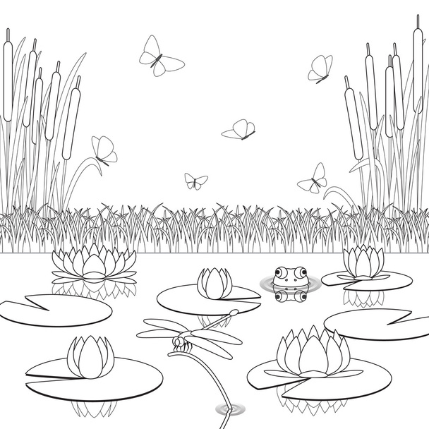 Dibujo para colorear con habitantes y plantas del estanque
. - Vector, imagen