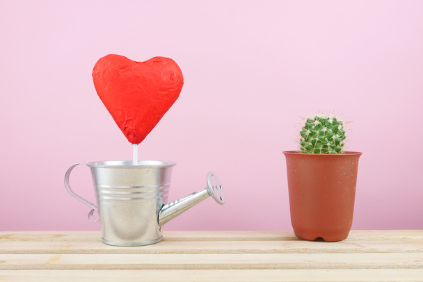 Czerwony foliowane czekoladowe serca trzymać mały srebrny konewka i mały zielony kaktus w doniczce mała roślina brązowe - Zdjęcie, obraz