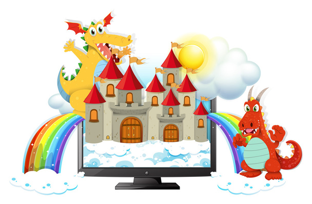 Драконы и замок на экране компьютера
 - Вектор,изображение