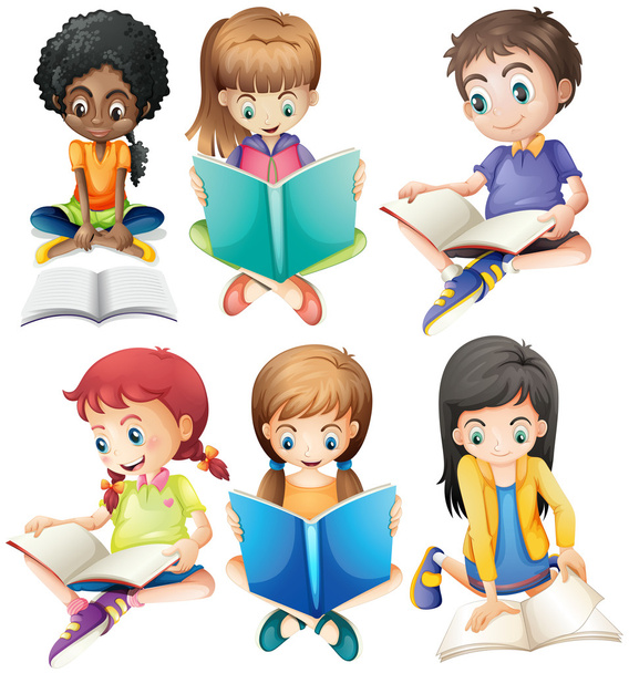 Meninos e meninas lendo livros
 - Vetor, Imagem