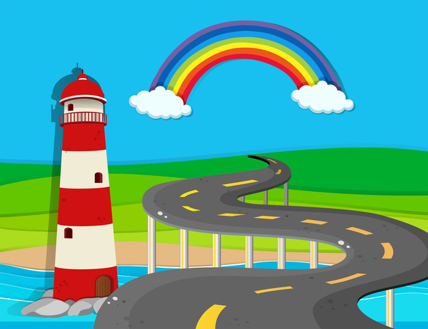 灯台と道路自然シーン - ベクター画像