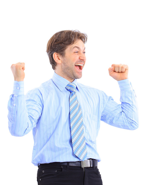 Happy business man with arms up isolated - Foto, Bild