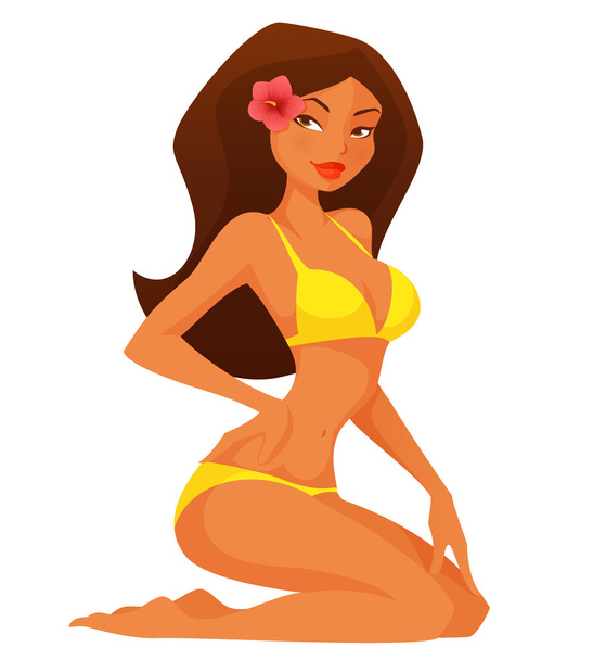Ilustración de verano de una chica de dibujos animados lindo y sexy en bikini - Vector, imagen
